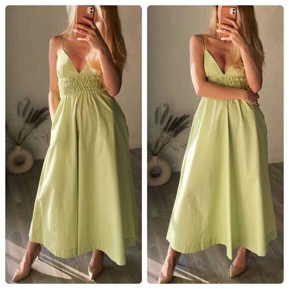 Zara Poplin Green Dress Midi New - Picture 1 of 4